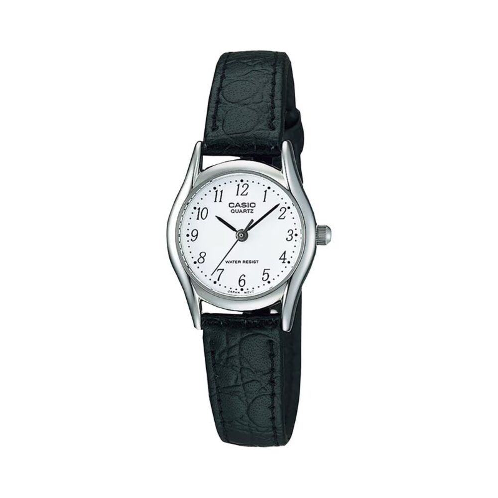 Casio Women’s Black Leather Watch with White Dial – LTP-1094E-7BRDF